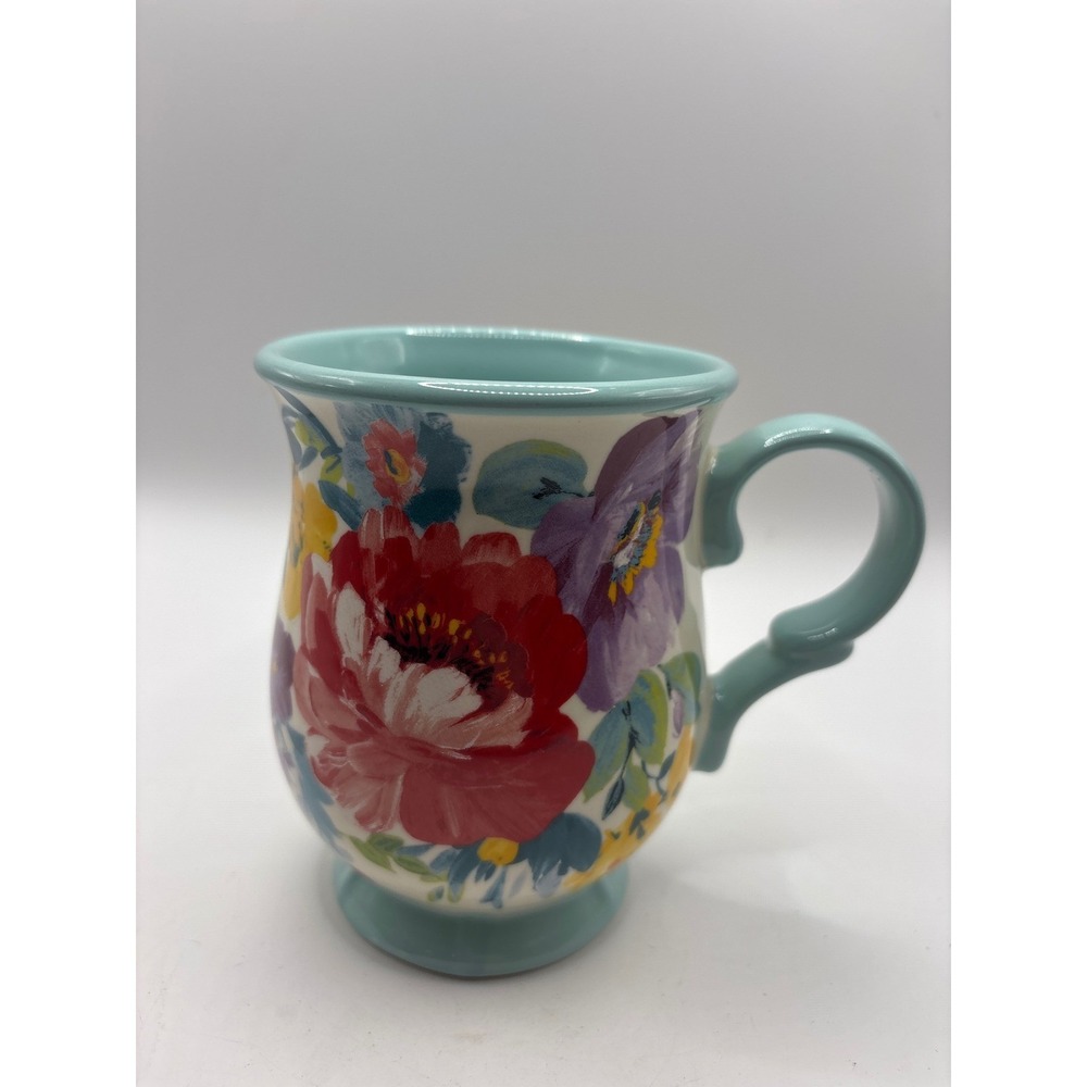 Pioneer Woman Breezy Blossom Coffee Mug Teal Floral Stoneware Footed Cup